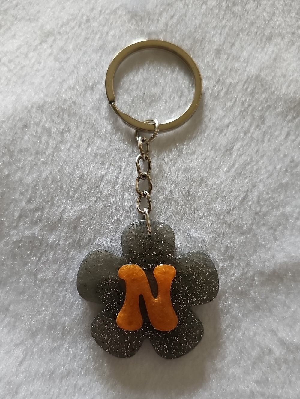 Silver Glitter Flower Keychain with Orange 'N' Initial